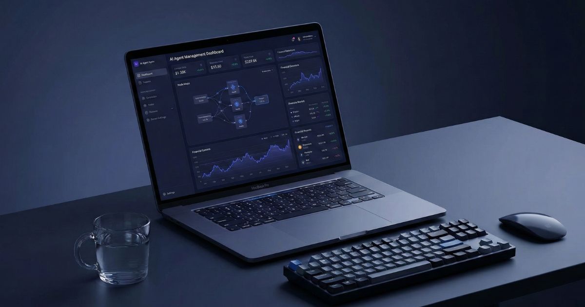 A modern MacBook Pro on a dark desk, displaying an 'AI Agent Management Dashboard' with financial graphs and system architecture node maps, alongside a mechanical keyboard, mouse, and glass of water, representing the 2026 Computer Science ROI.